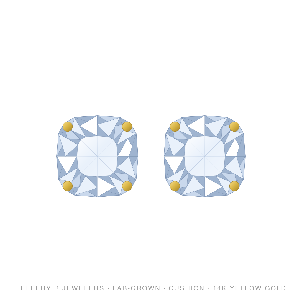 Cushion Lab-Grown Diamond Stud Earrings – 4 Prong Basket Pushback – 14K Yellow Gold